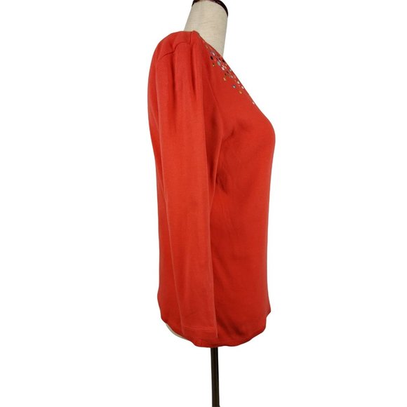 Rafaella Women tops sz S coral 3/4 sleeve embellished  cotton - Picture 3 of 6